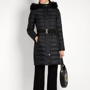 NW Burberry London Abbeydale Fox Fur Trim Belted Puffer Down Coat, Size S US4